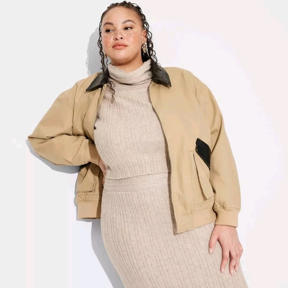 NWT Tan Canvas/ Faux Leather Bomber Jacket Size 2X - Picture 2 of 3